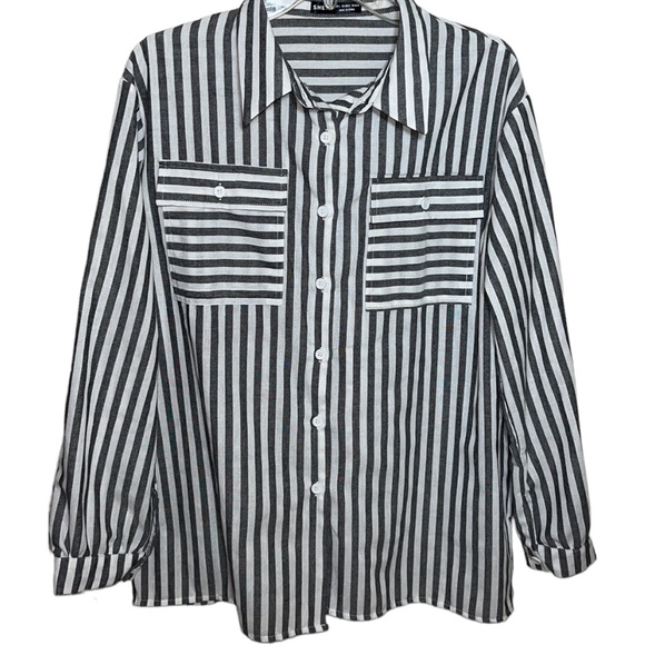 SHEIN Tops - SHEIN Striped Flap Pocket Drop Shoulder Button Down Blouse Shirt